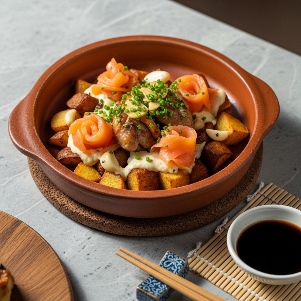 “Michelin-Star Spanish Brunch: Sizzling Patatas Bravas with Smoked Salmon & Garlic Chive Sauce”