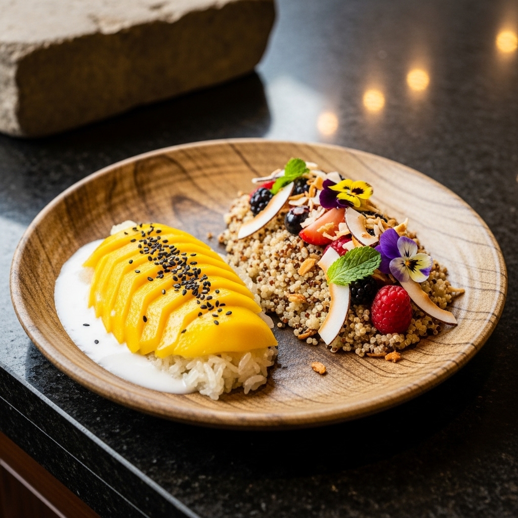 “Michelin-Star Thai Brunch: Exotic Gluten-Free Mango Sticky Rice and Coconut Quinoa Bowl”