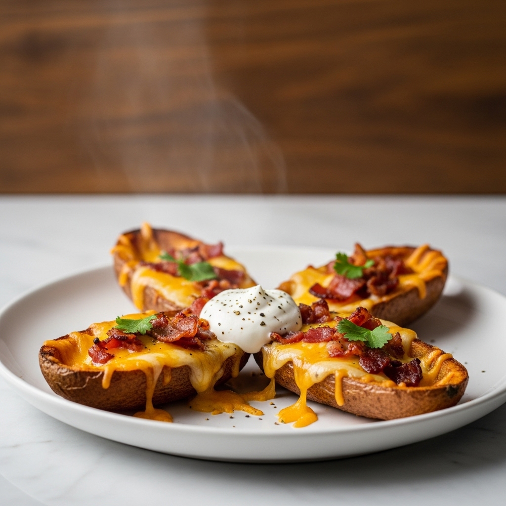 Michelin-Star-Worthy Crispy Air Fryer Potato Skins with Melted Cheese, Bacon, and Sour Cream
