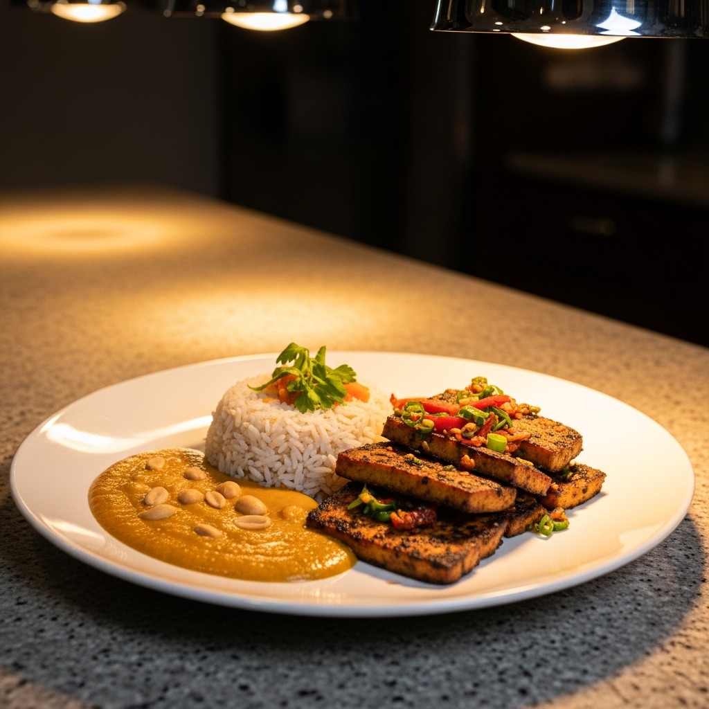 Michelin Star Worthy Nigerian Vegetarian Feast: Spicy Peanut Soup & Suya Tofu Steaks with Coconut Jollof Rice
