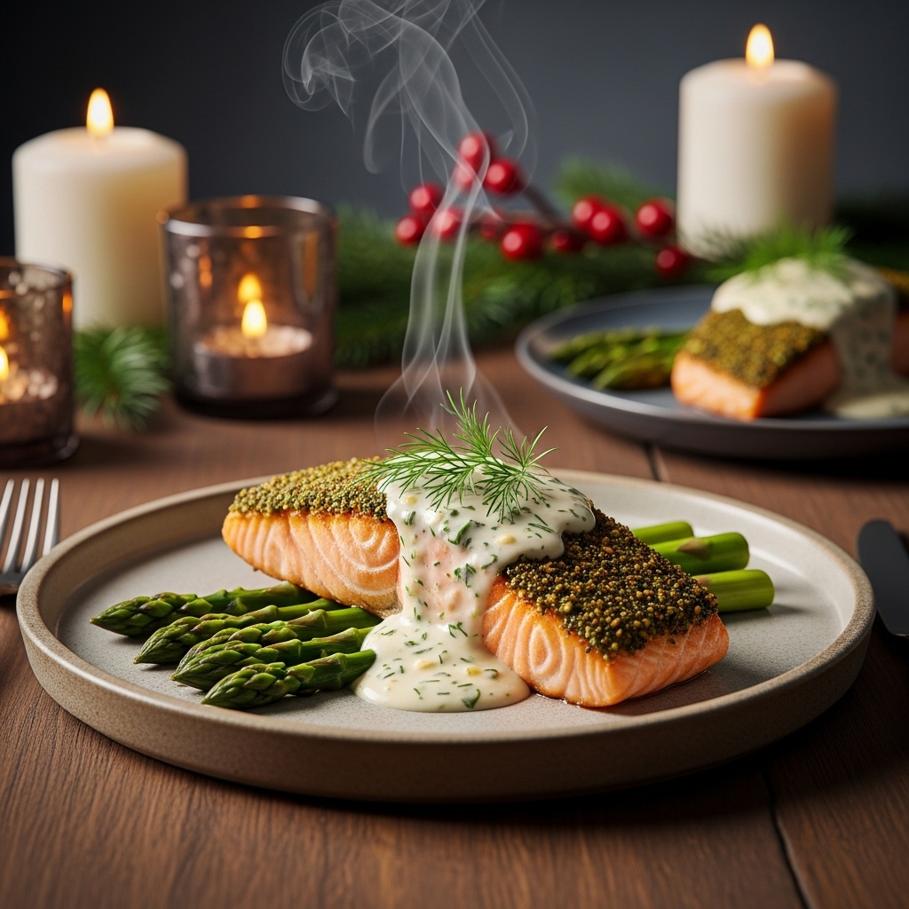 Michelin-Star Worthy Seared Herb Crusted Salmon Fillet with Creamy Garlic Dill Sauce & Roasted Asparagus