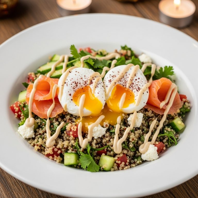 Middle Eastern Brunch Quinoa Bowl with Poached Eggs and Smoked Salmon