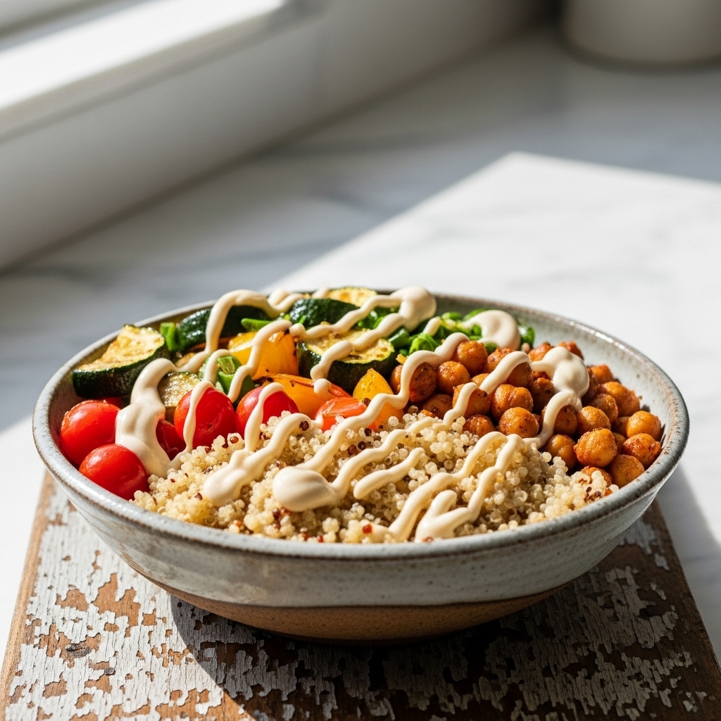Middle Eastern Protein Bowl with Quinoa, Roasted Vegetables, and Lemon Tahini Dressing