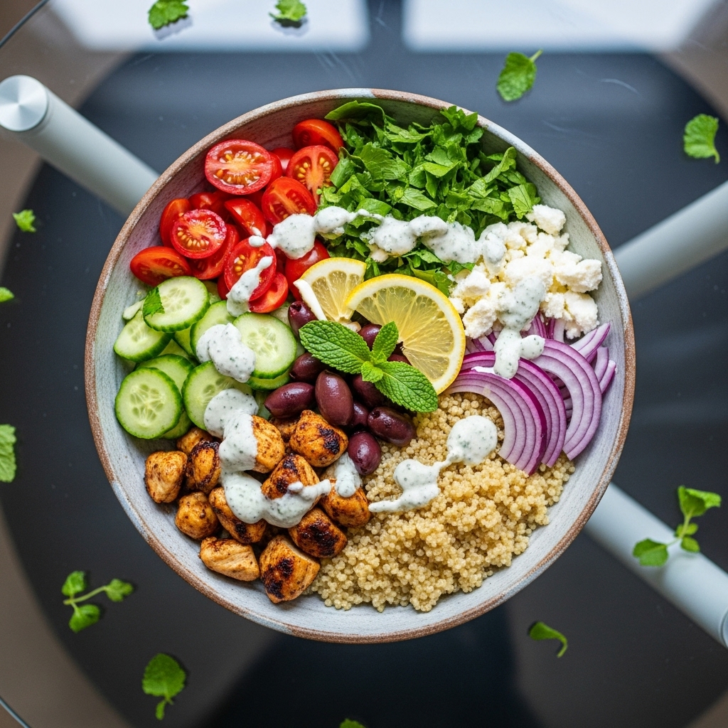 Middle Eastern Quinoa Protein Bowl with Mint Lemon Dressing