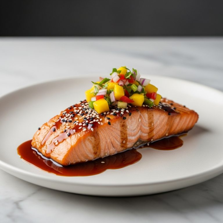 “Miso Glazed Salmon Teriyaki with Spicy Mango Salsa – A Delectable Japanese Fusion Dish”