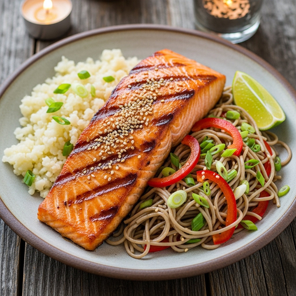 Miso-Marinated Salmon with Cauliflower Rice & Zesty Paleo Soba Noodles