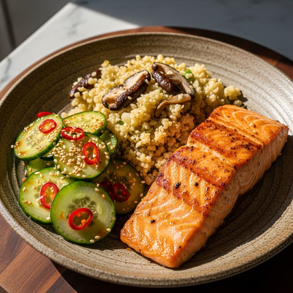 Miso-Marinated Salmon with Spicy Cucumber Salad and Shiitake Mushroom Fried Rice (Paleo-Friendly Japanese Breakfast)