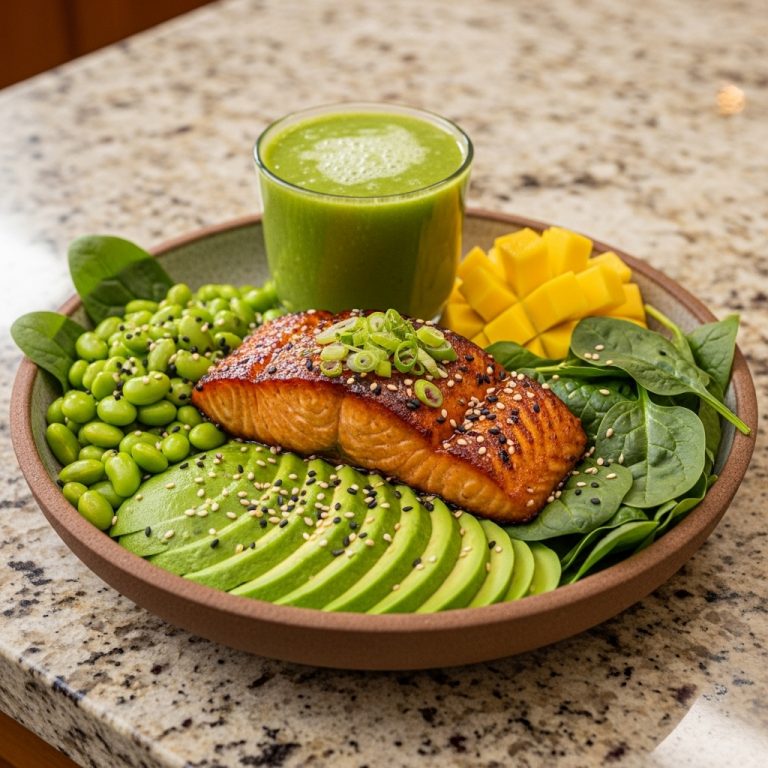 Miso Salmon Avocado Bowl with Tropical Green Smoothie