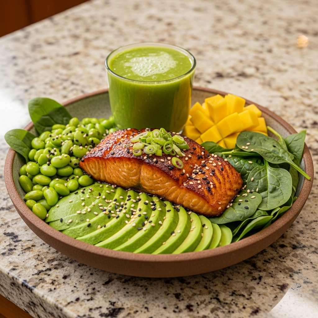 Miso Salmon Avocado Bowl with Tropical Green Smoothie