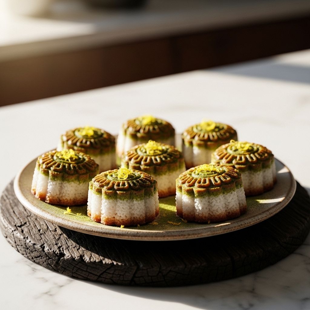 Mooncake-Inspired Gluten-Free Almond Coconut Macaroons with Lemon Zest & Matcha Green Tea Dusting