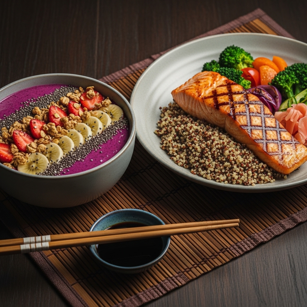 Morning Sunrise Smoothie Bowl & Grilled Salmon Quinoa Power Bowl