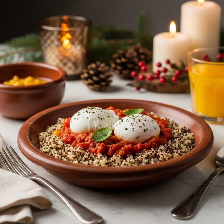Moroccan Breakfast Feast: Fluffy Quinoa Pilaf with Spicy Tomato Stew and Poached Eggs