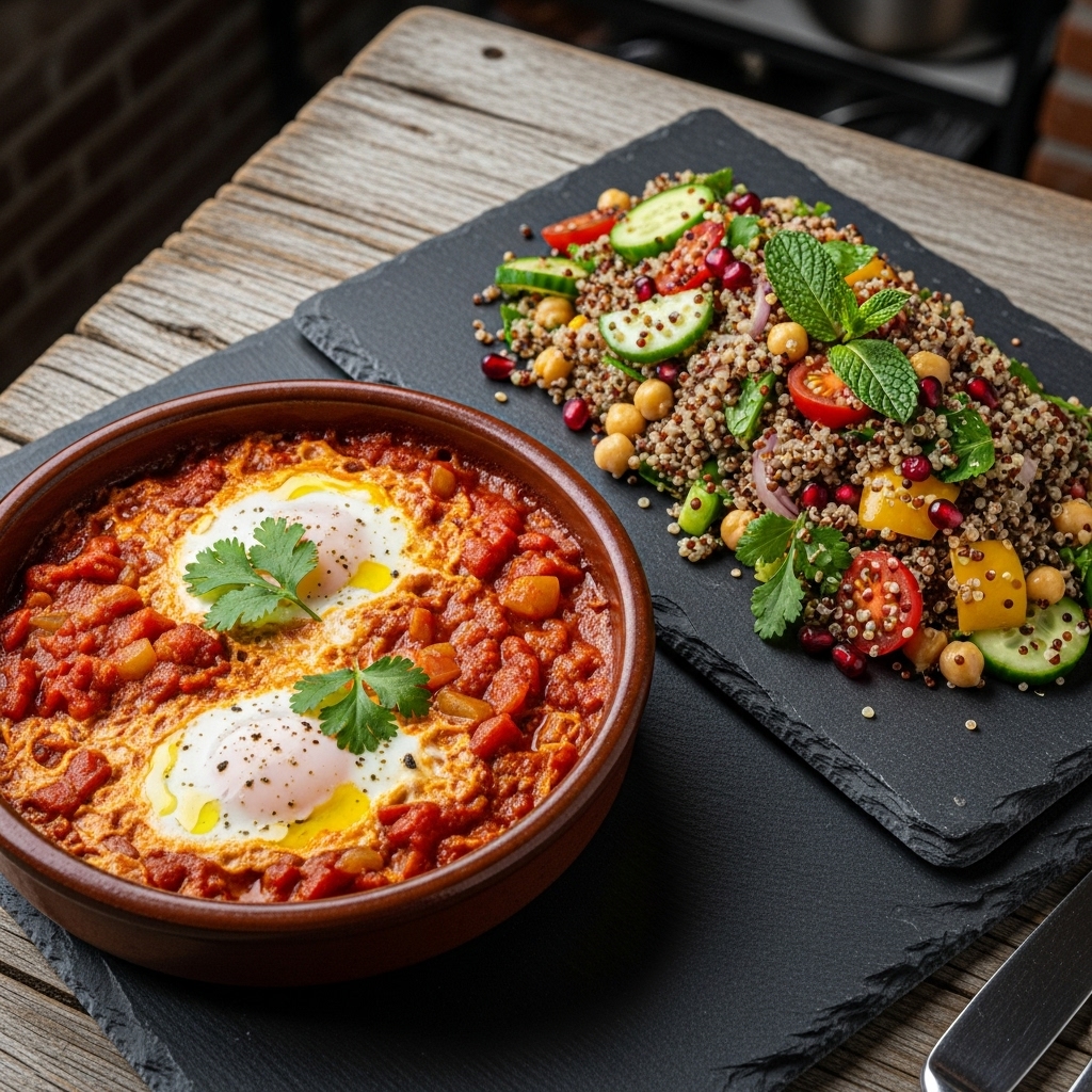 Moroccan Brunch Delight: Gluten-Free Harissa Shakshuka with Moroccan Quinoa Salad