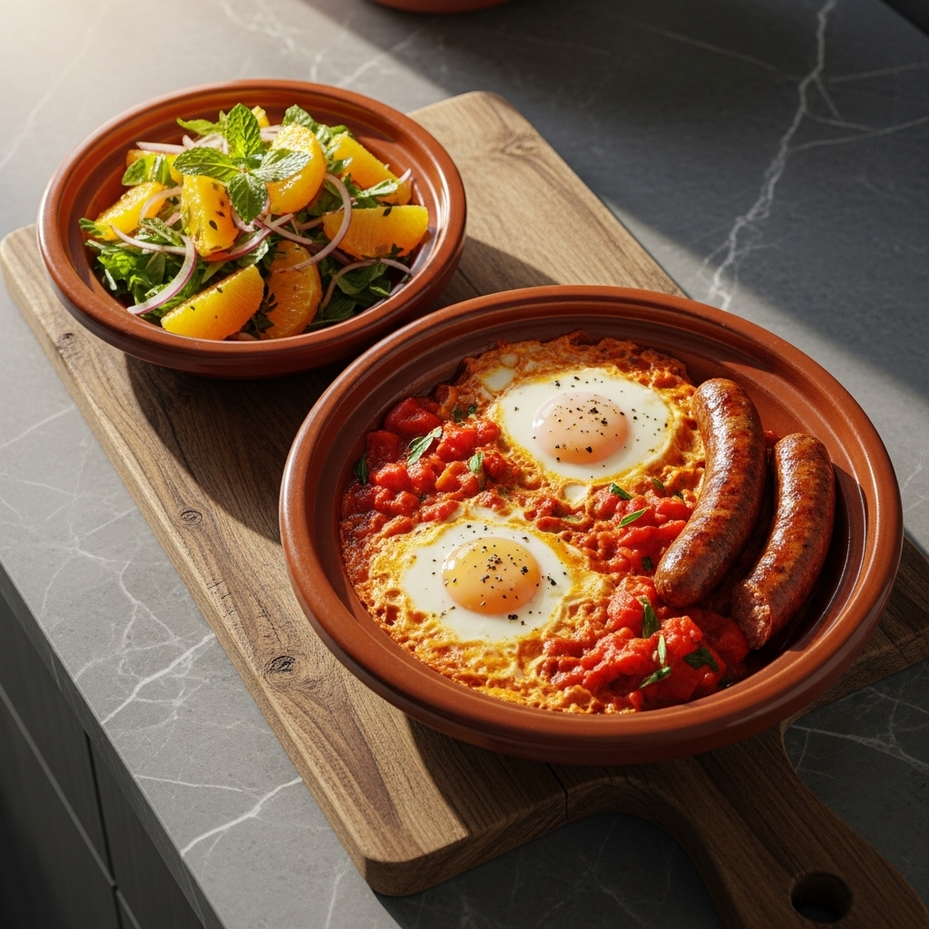 Moroccan Brunch Delight: Mouthwatering Shakshuka with Moroccan Spiced Sausages and Zesty Orange Salad