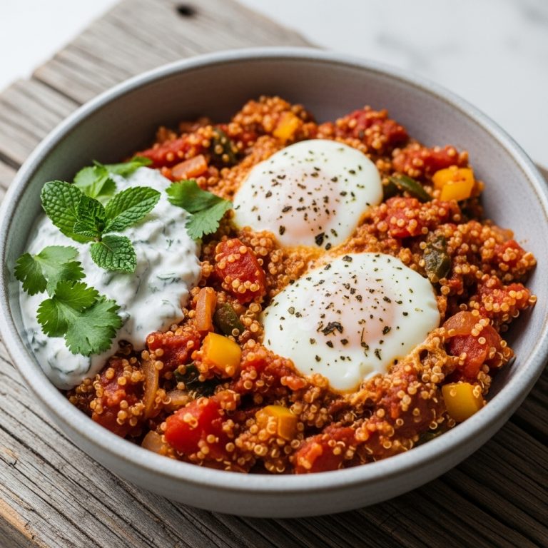 Moroccan Brunch Delight: Quinoa Shakshuka with Spicy Tomato Sauce and Herb Yogurt