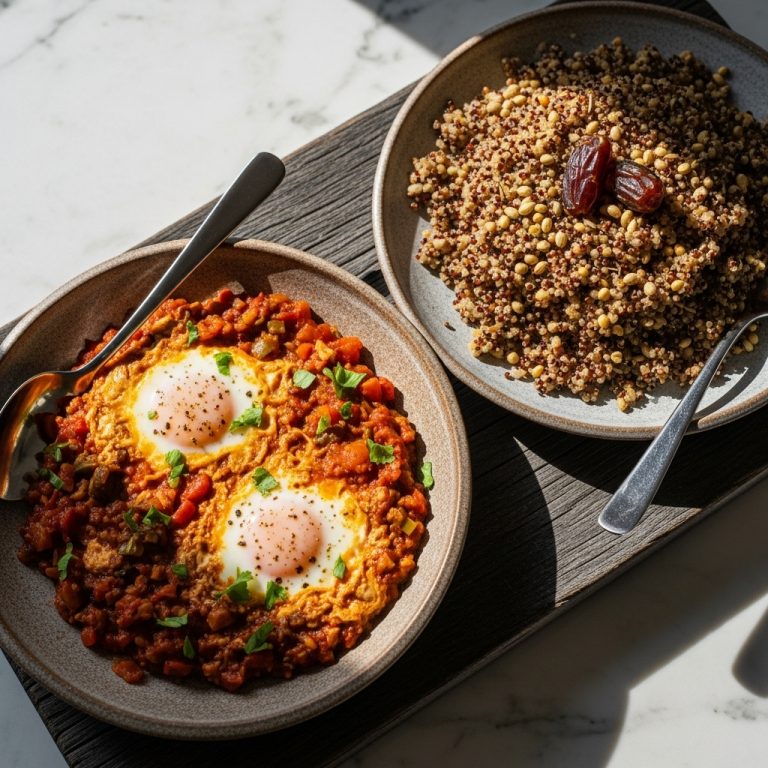 Moroccan Brunch Delight: Spiced Shakshuka with Moroccan Spiced Quinoa & Date Syrup Drizzle