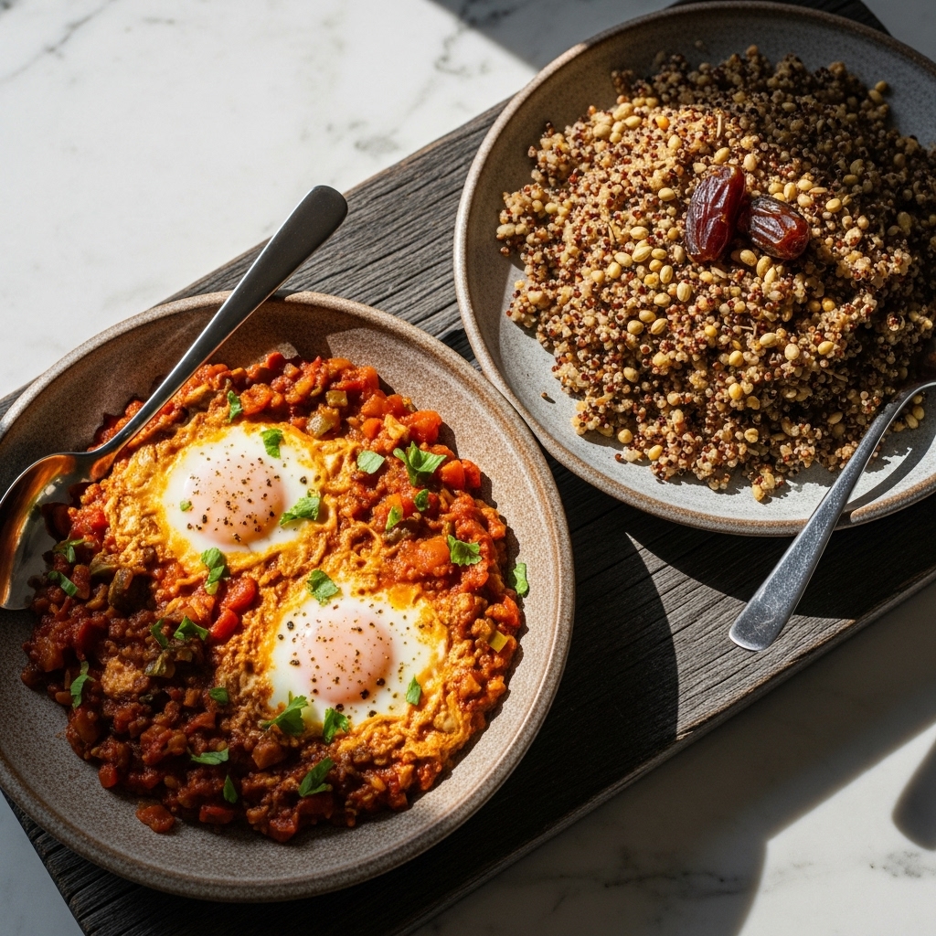 Moroccan Brunch Delight: Spiced Shakshuka with Moroccan Spiced Quinoa & Date Syrup Drizzle