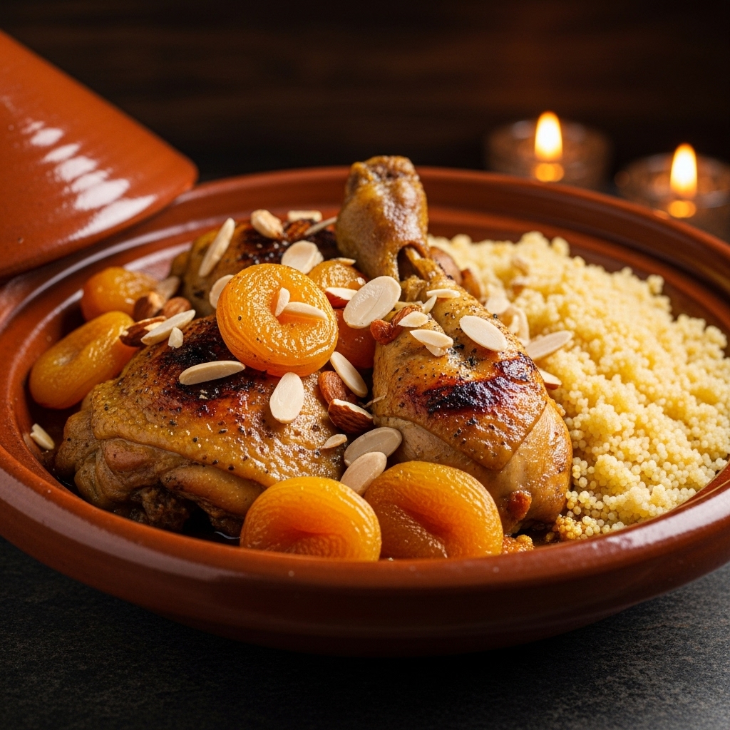Moroccan Chicken Tagine with Apricots, Almonds, and Couscous