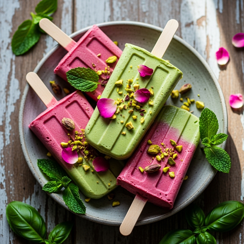 Moroccan Frozen Delight: Rosewater and Pistachio Popsicles