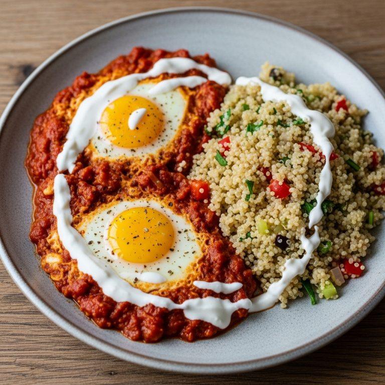 Moroccan Gluten-Free Breakfast Delight: Spicy Shakshuka with Harissa Yogurt & Quinoa Pilaf
