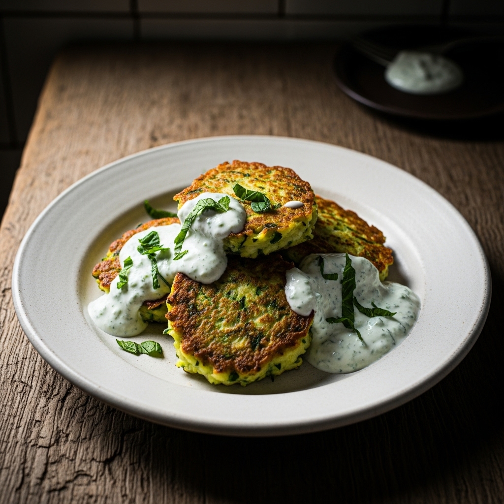 “Moroccan Gluten-Free Snack Delight: Aromatic Zucchini Fritters with Mint Yogurt Sauce”