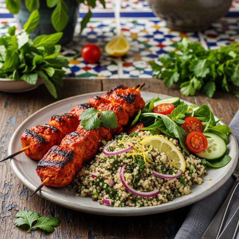 “Moroccan Harissa Chicken Skewers with Lemony Quinoa and Fresh Herb Salad”