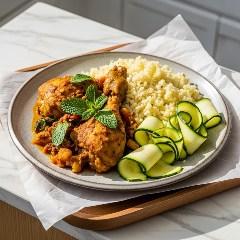 Moroccan Keto Brunch: Mint Chicken Tagine and Cauliflower Rice with Spicy Zucchini Ribbons