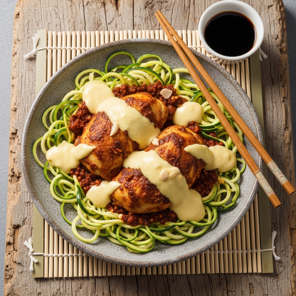 Moroccan Keto Chicken Tagine with Spiced Zucchini Noodles & Lemon-Almond Sauce