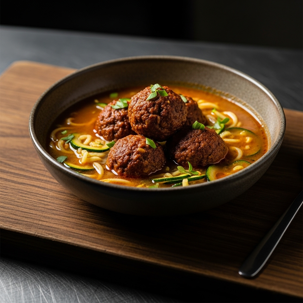 Moroccan Keto Harissa Lamb Meatballs in Zucchini Noodle Soup