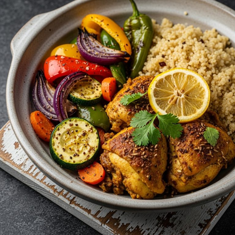 “Moroccan Lunch: Gluten-Free Spiced Chicken Tagine with Quinoa & Roasted Vegetables”