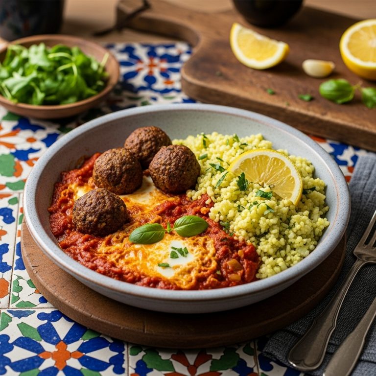 Moroccan Paleo Breakfast Feast: Shakshuka with Spiced Lamb Meatballs and Zesty Lemon-Garlic Cauliflower Rice