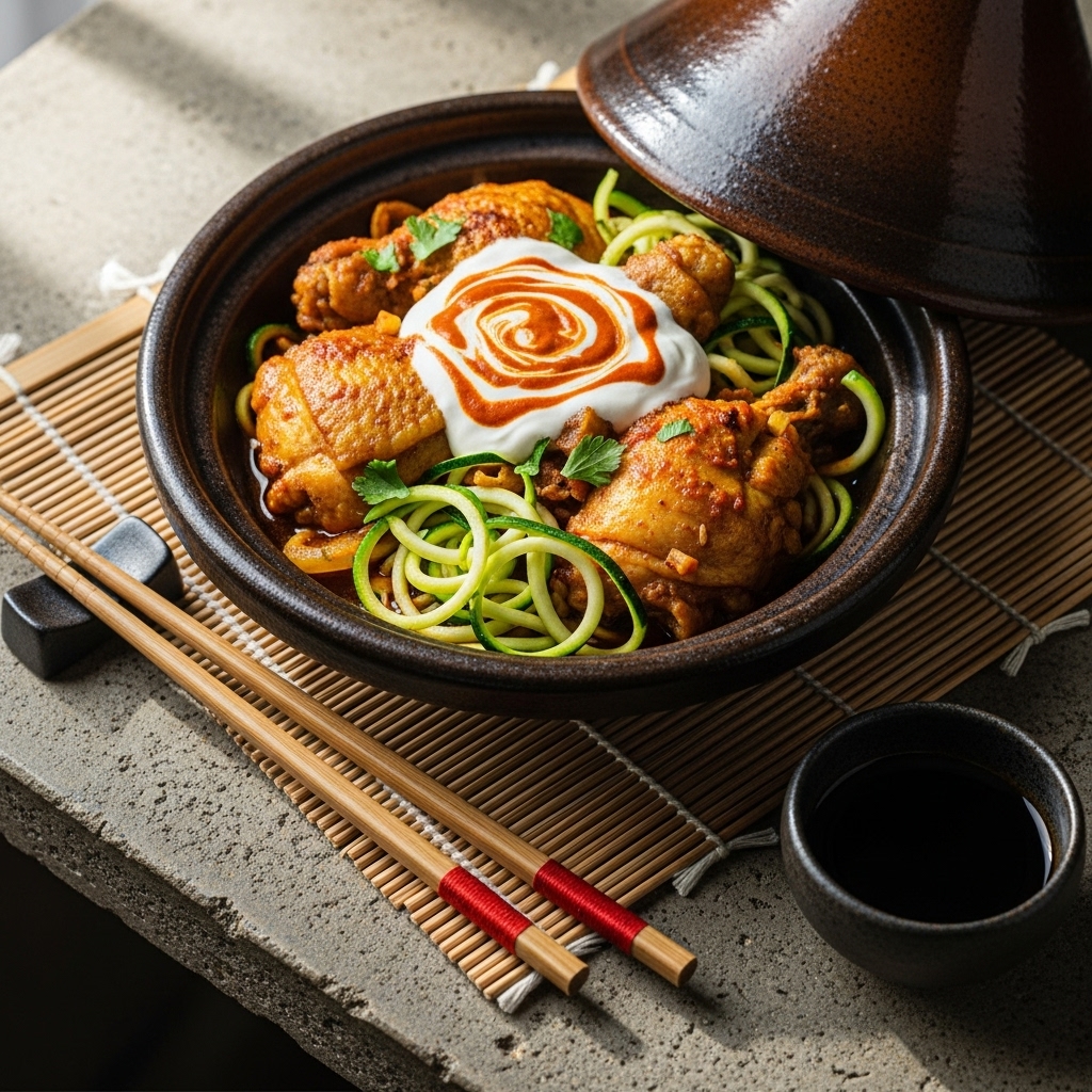 Moroccan Spiced Chicken Tagine with Zucchini Noodles and Harissa Yogurt Sauce (Keto-Friendly)