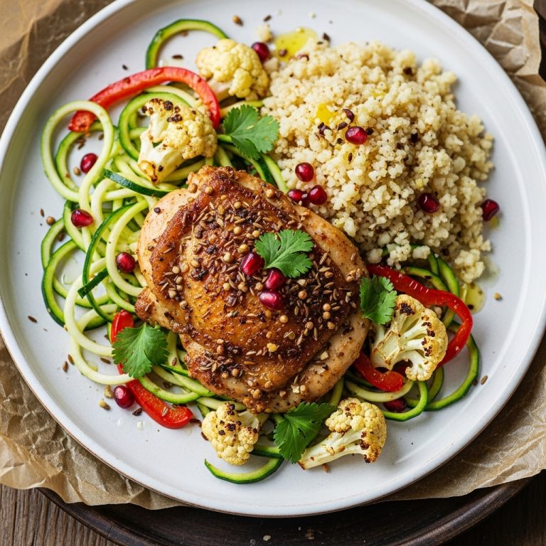 Moroccan Spiced Chicken with Cauliflower Rice and Zucchini Noodles (Keto-Friendly)