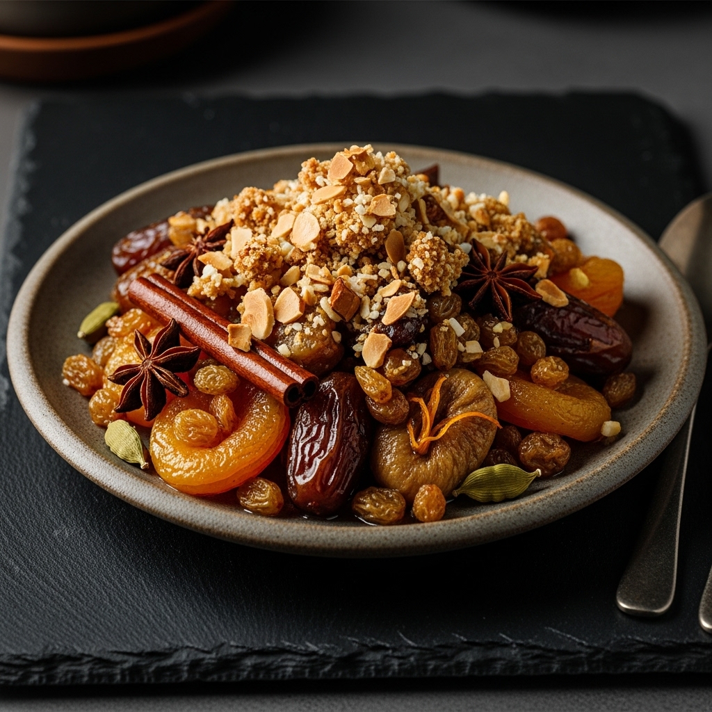 Moroccan Spiced Fruit Compote with Almond Coconut Crumble (Vegetarian)