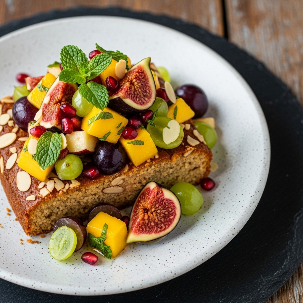 Moroccan Spiced Fruit Salad in Almond Cake