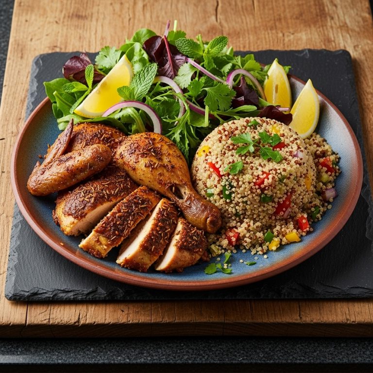 Moroccan Spiced Roasted Chicken with Quinoa Pilaf and Zesty Lemon-Herb Salad