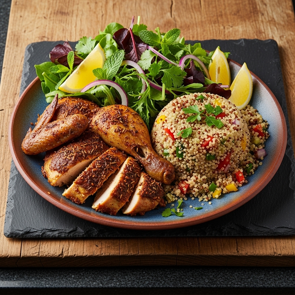 Moroccan Spiced Roasted Chicken with Quinoa Pilaf and Zesty Lemon-Herb Salad