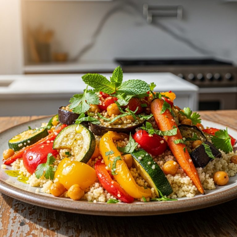 “Moroccan Vegan Brunch Delight: Couscous Salad with Roasted Vegetables and Chickpeas”