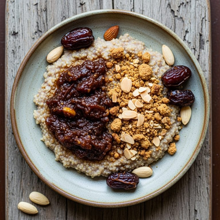 Moroccan Vegan Quinoa Porridge with Spiced Date Compote and Almond Crumble
