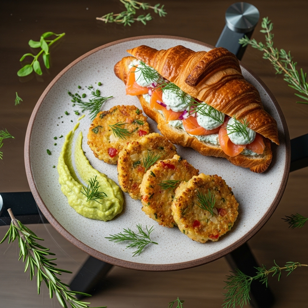 Mouthwatering Argentinian Breakfast: Smoked Salmon, Herb-Infused Cheese Croissants, and Quinoa Fritters