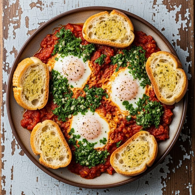 Mouthwatering Argentinian Brunch: Chimichurri Shakshuka with Garlic Bread