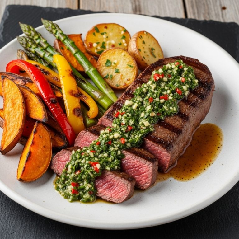 Mouthwatering Argentinian Lunch: Grilled Chimichurri Steak with Roasted Vegetables and Garlic Potatoes