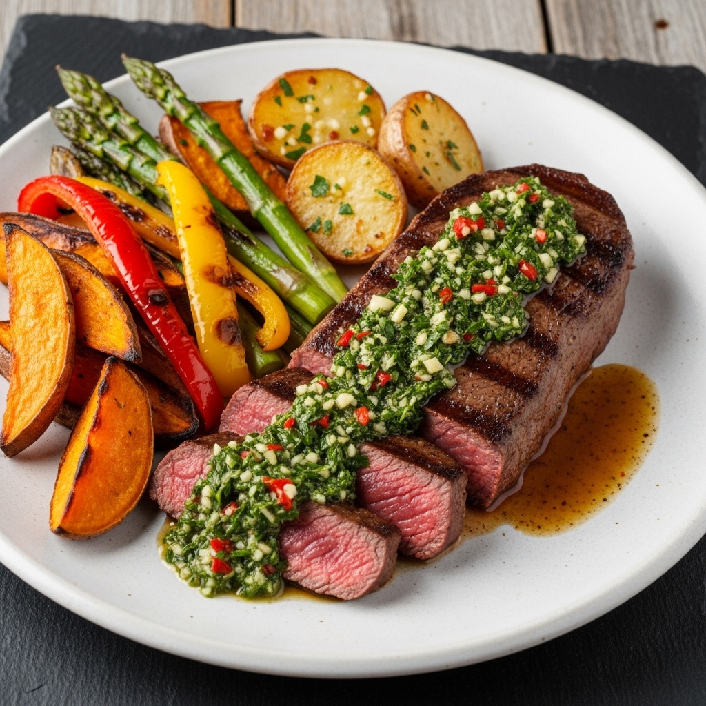 Mouthwatering Argentinian Lunch: Grilled Chimichurri Steak with Roasted Vegetables and Garlic Potatoes