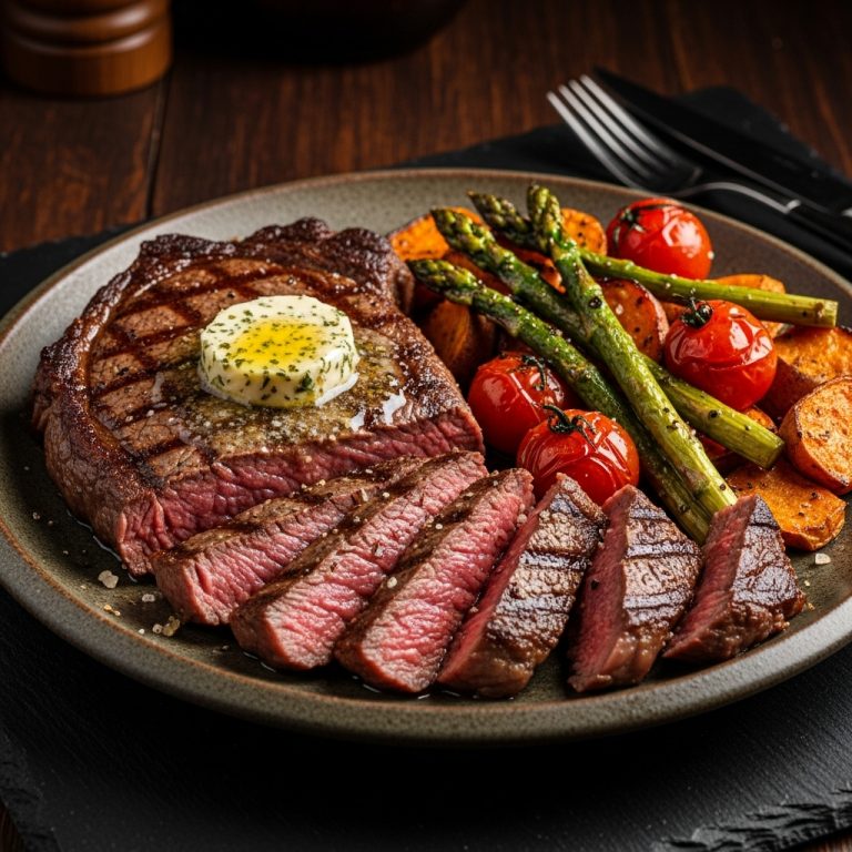 Mouthwatering Australian Grilled Steak with Roasted Vegetables and Herbed Butter