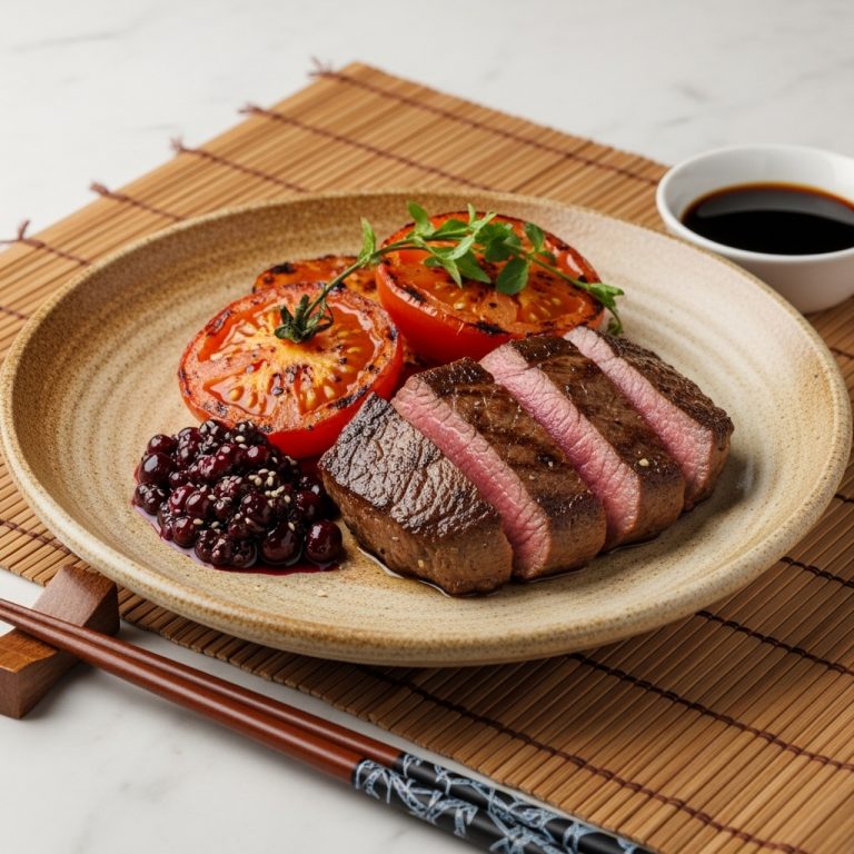 Mouthwatering Australian Outback Breakfast: Kangaroo Fillet Steak, Grilled Tomatoes, and Bush Berry Compote