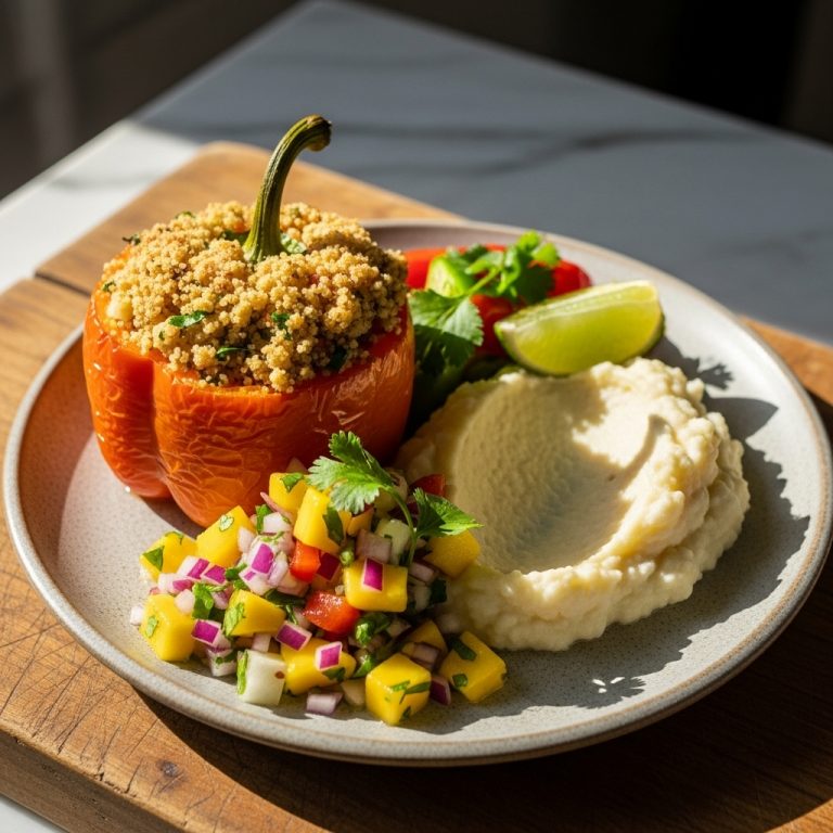 Mouthwatering Brazilian Vegetarian Feast: Aromatic Farofa-Stuffed Peppers with Creamy Mashed Cauliflower & Tropical Salsa