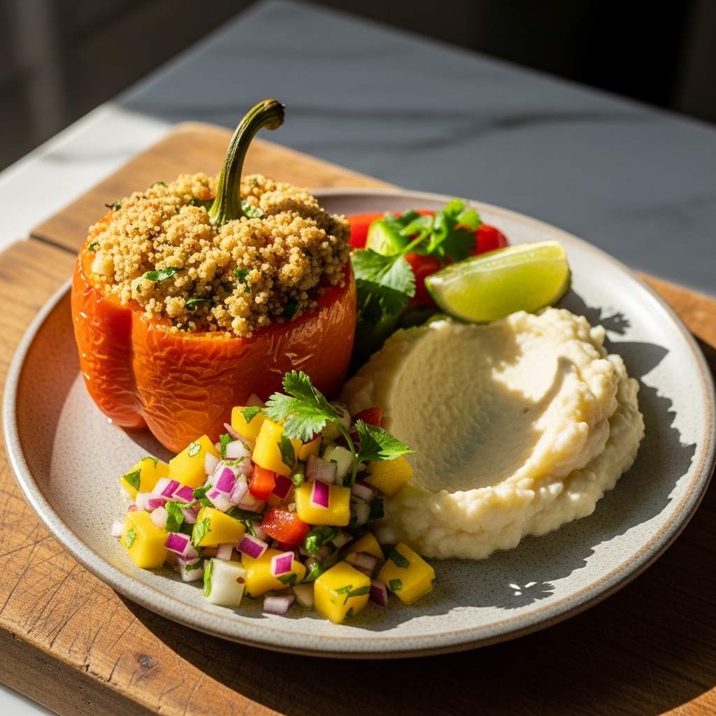 Mouthwatering Brazilian Vegetarian Feast: Aromatic Farofa-Stuffed Peppers with Creamy Mashed Cauliflower & Tropical Salsa