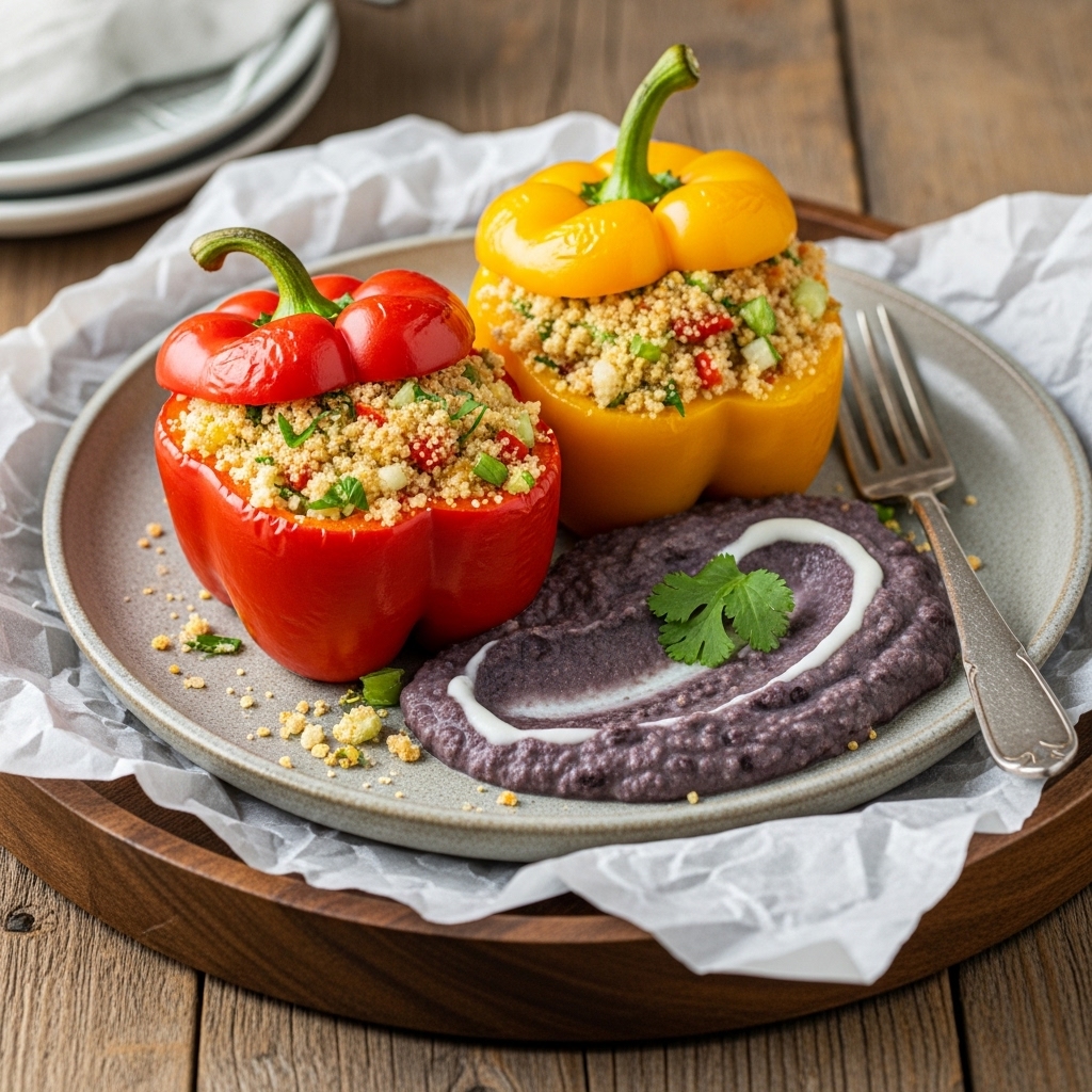 Mouthwatering Brazilian Vegetarian Feast: Delightful Farofa Stuffed Bell Peppers and Creamy Black Bean Puree