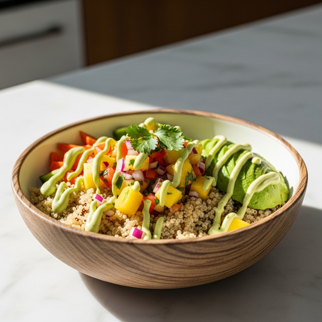 Mouthwatering Caribbean Vegan Lunch Bowl: Aromatic Quinoa, Tropical Salsa, and Creamy Avocado Dressing