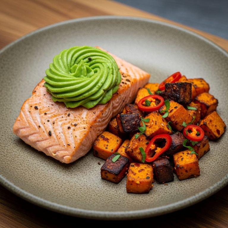 “Mouthwatering Chilean Lunch: Creamy Avocado Salmon with Spicy Roasted Sweet Potatoes”